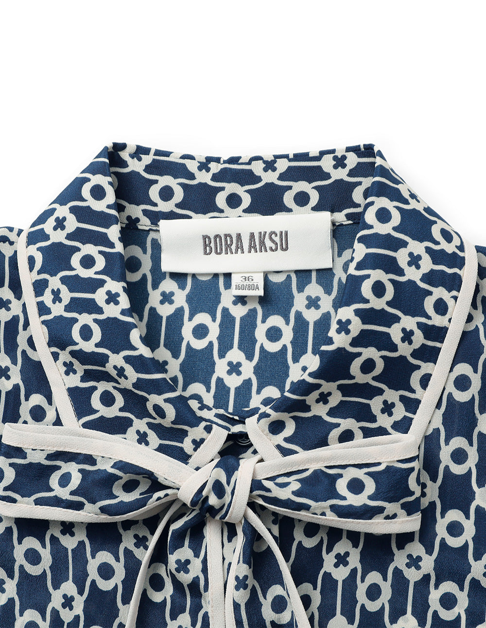 BORA AKSU Silk Mulberry Puff Sleeve Elegant Patchwork Bow Collar Printed Shirt