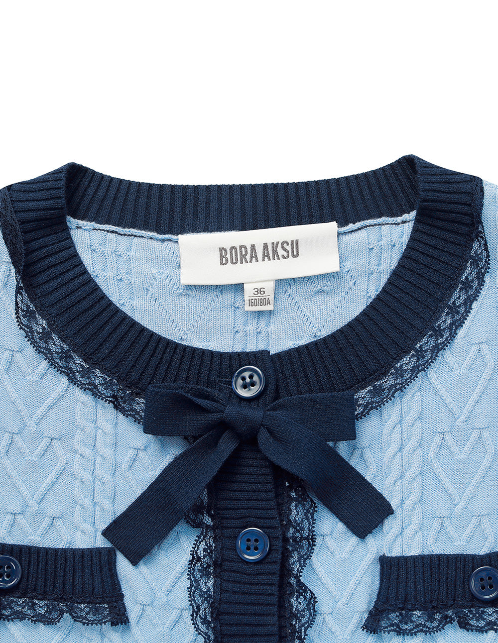 BORA AKSU Round-Neck Lace-Striped Patchwork Cropped Knit Cardigan