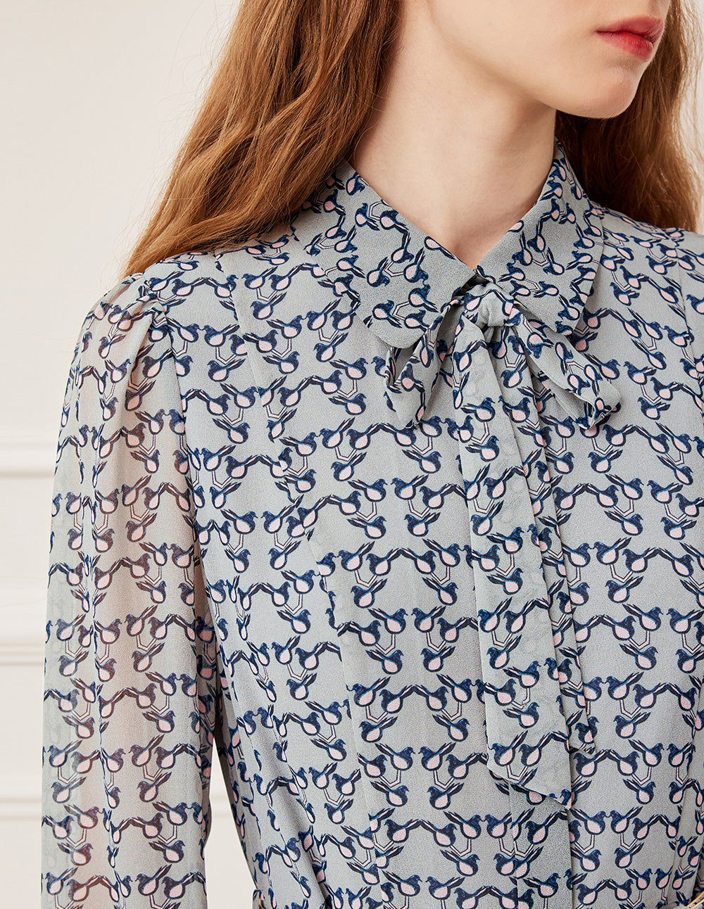 BORA AKSU Bow Ribbon Long Sleeve Hand-Painted Bird Print Pleated Midi Shirt Dress