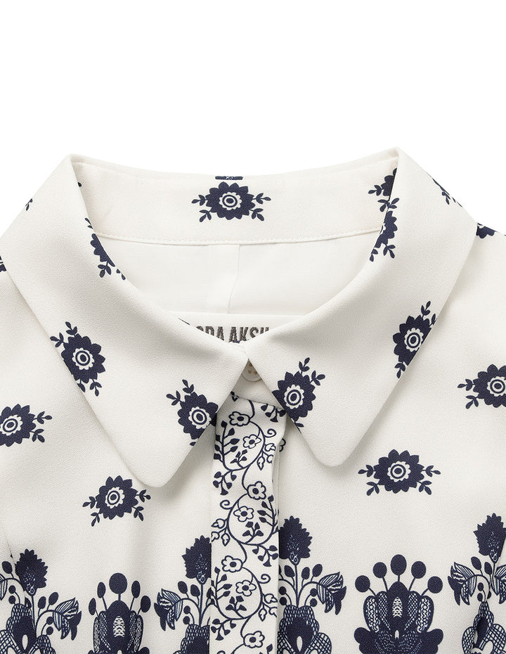 BORA AKSU Shirt-Collar Long Bubble Sleeve Printed Midi Trumpet Dress