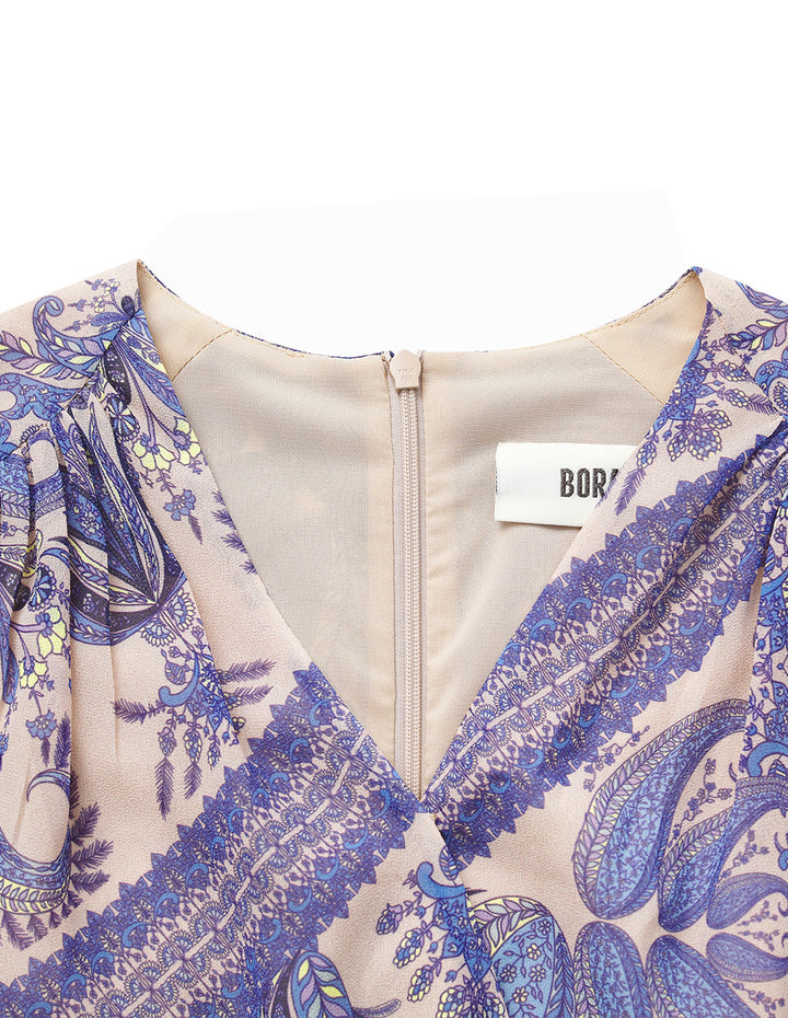 BORA AKSU V-Neck Puff-Sleeve Wrap Paisley Print Pleated Prairie Dress