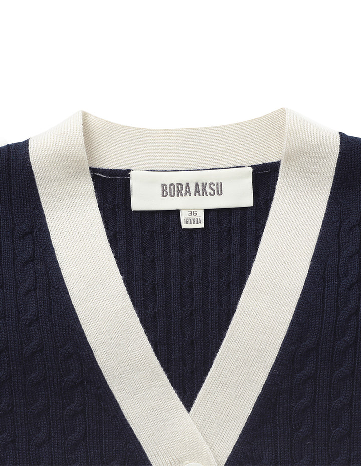 BORA AKSU V-Neck Long-Sleeve Contrasted-Color Button Weave Cropped Wool Cardigan