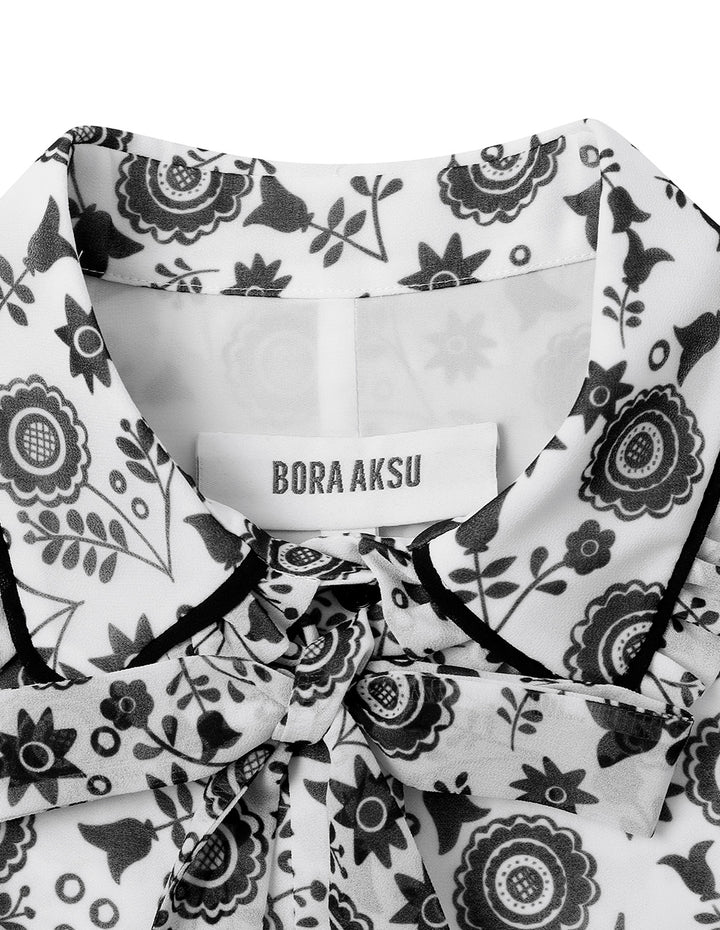 BORA AKSU Retro Lapel Puff Sleeve Printed Belt Dress