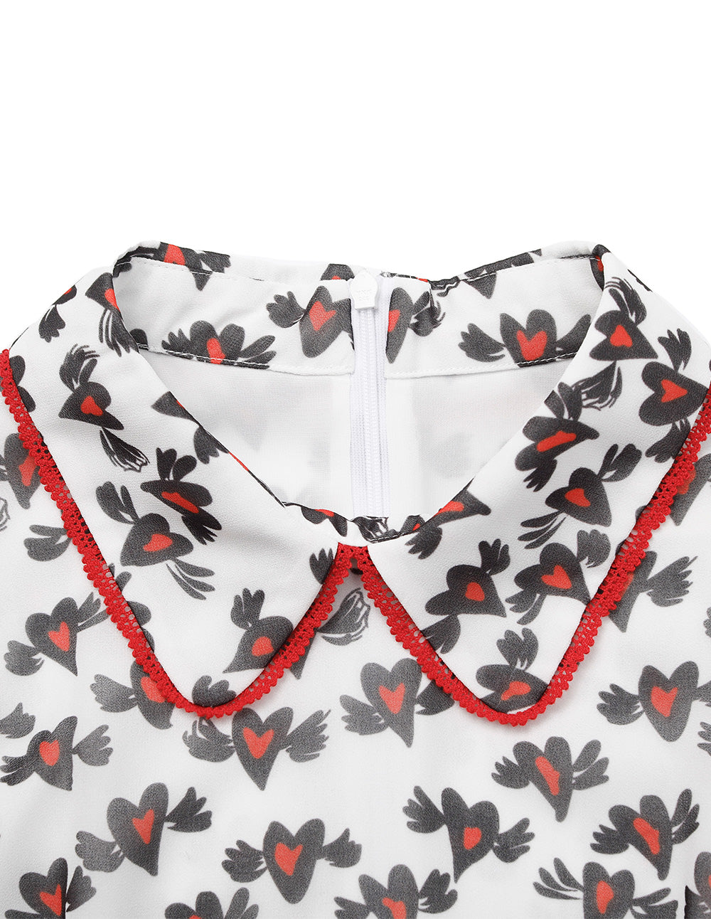 BORA AKSU Peter Pan Collar Puff Short-Sleeve Heart Print Lace-Trim Empire-Waist Pleated Midi Dress