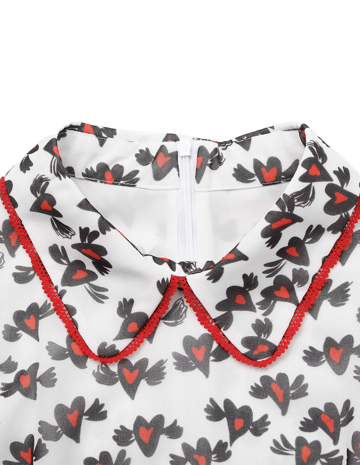 BORA AKSU Peter Pan Collar Puff Short-Sleeve Heart Print Lace-Trim Empire-Waist Pleated Midi Dress