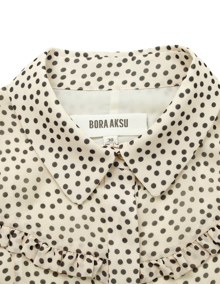 BORA AKSU Lapel Short-Sleeve Polka Dot Print Ruffle-Trimmed Pleated Midi Dress