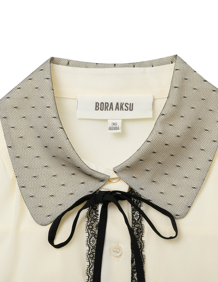 BORA AKSU Silk Mulberry Puff Sleeves Sweet Temperament Color Block Collar Blouse