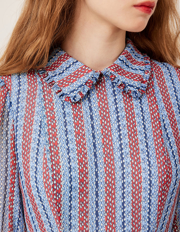 BORA AKSU Ruffled Peter Pan Collar Blue Red Stripe Raindrop Print Pleated Midi Dress