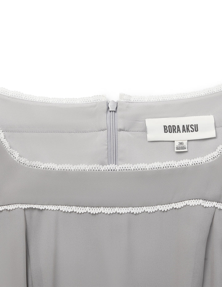 BORA AKSU Diamond-Neck Puff Short Sleeve Empire-Waist Lace-Trim Pleated Dress