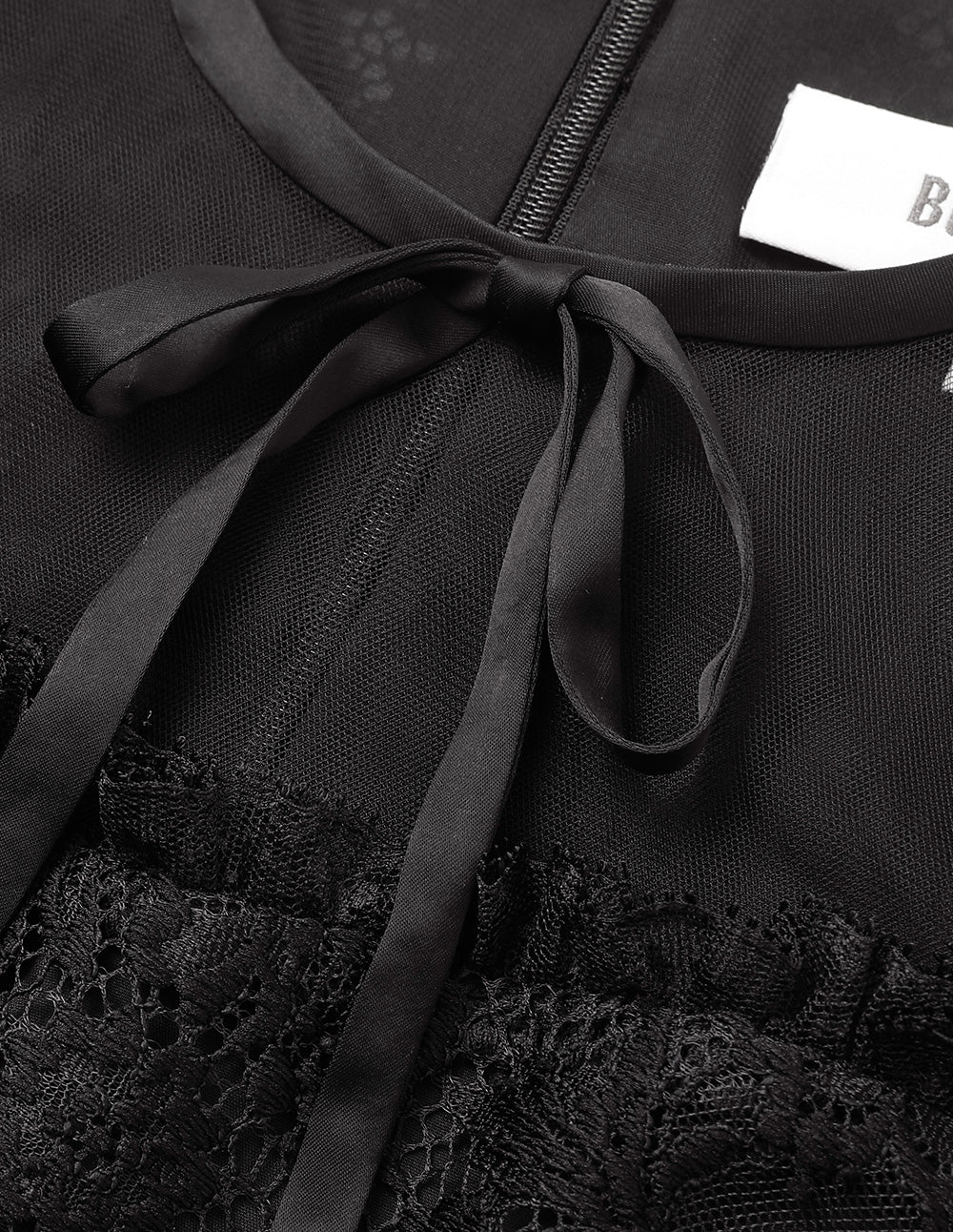 BORA AKSU Bow Tie Round Neck Puff Sleeve Lace Little Black Dress