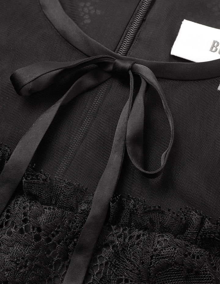 BORA AKSU Bow Tie Round Neck Puff Sleeve Lace Little Black Dress