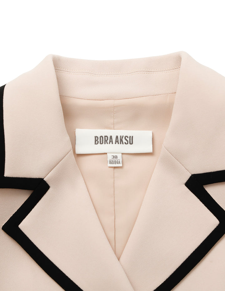 BORA AKSU Notched Lapel Single-Breasted Short-Sleeve Black Stripe-Trim Waist-Tie Midi Wrap Dress