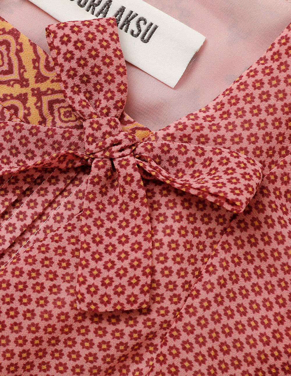 BORA AKSU Vintage Square Neck Bow Embellished Pleated Hem Printed Dress