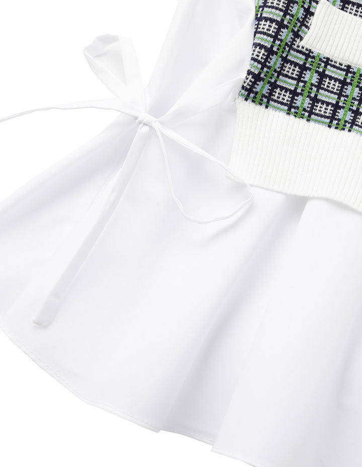 BORA AKSU V-Neck Long-Sleeve Ruffle-hem Patchwork Plaid Knit Top