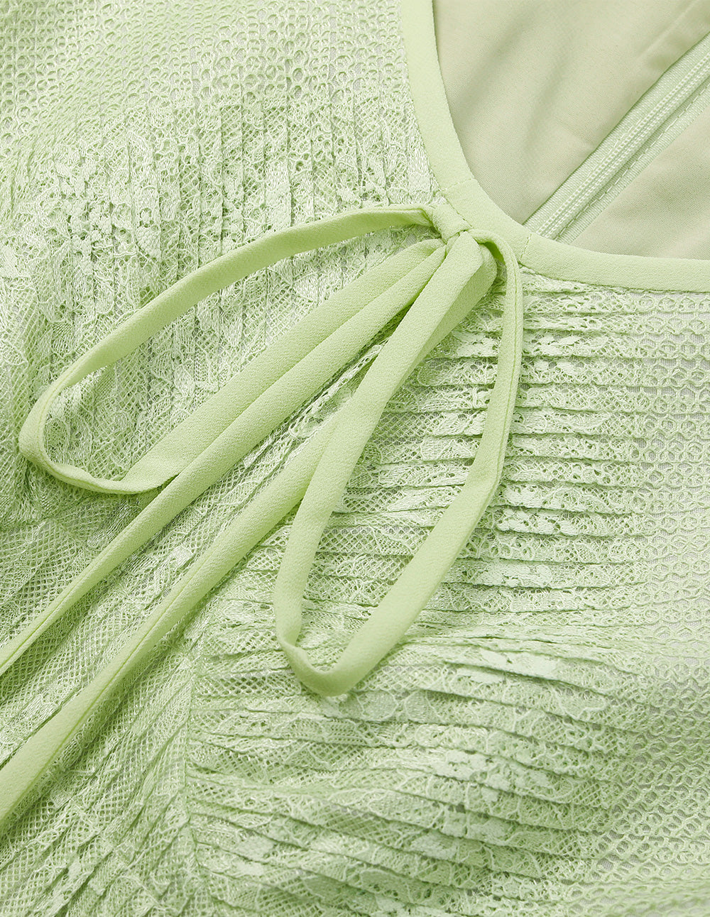 BORA AKSU V-Neck Puff Short Sleeve Tie Pleated Lace Midi Dress