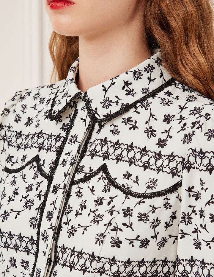 BORA AKSU Black Floral Print Puff Sleeve Midi Dress with Lace Trim