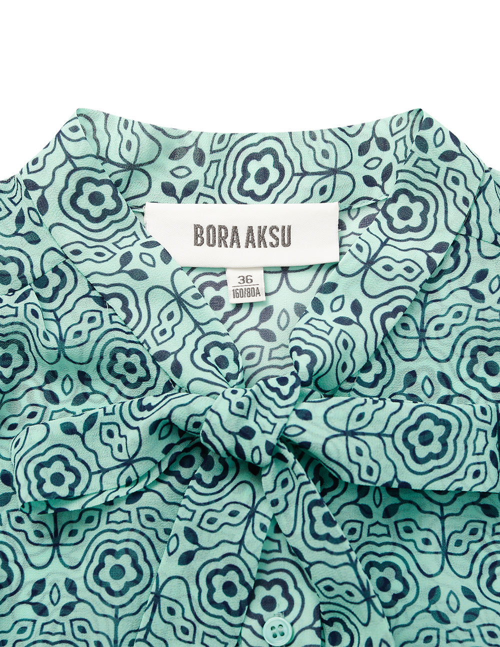 BORA AKSU Ribbon Collar Puff Sleeve Ruffle Print Blouse
