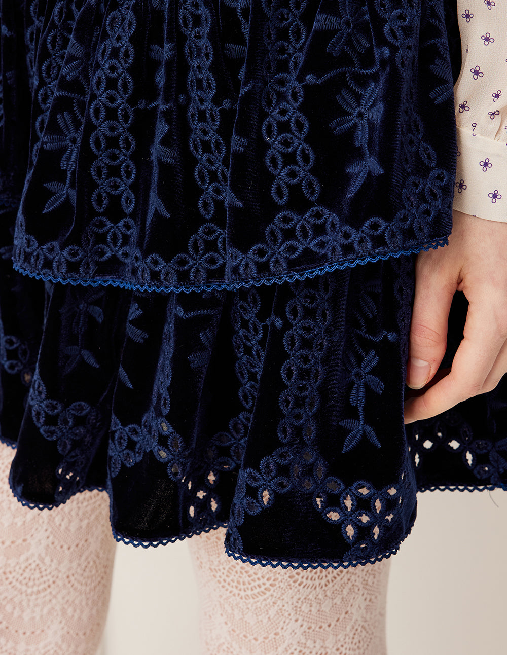 BORA AKSU Navy Blue Jacquard Print Double Layer Velvet A-Line Skirt