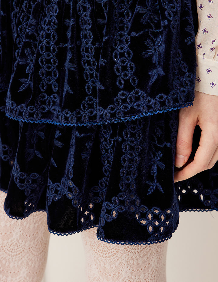 BORA AKSU Navy Blue Jacquard Print Double Layer Velvet A-Line Skirt