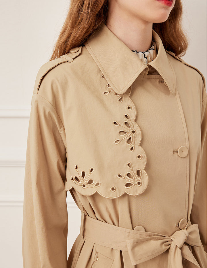 BORA AKSU Asymmetric Cut-Out Embroidered Long Sleeve Double-Breasted Belted Pleated Trench Coat