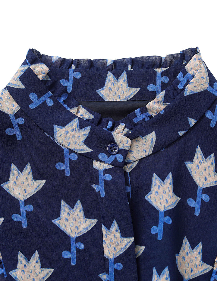 BORA AKSU Ruffle Collar Long Bubble Sleeve Floral Printed Trumpet Dress