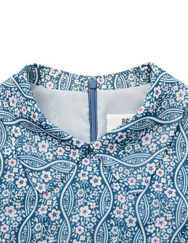 BORA AKSU Collared Puff-Sleeve Floral-Print Flounce Midi Dress