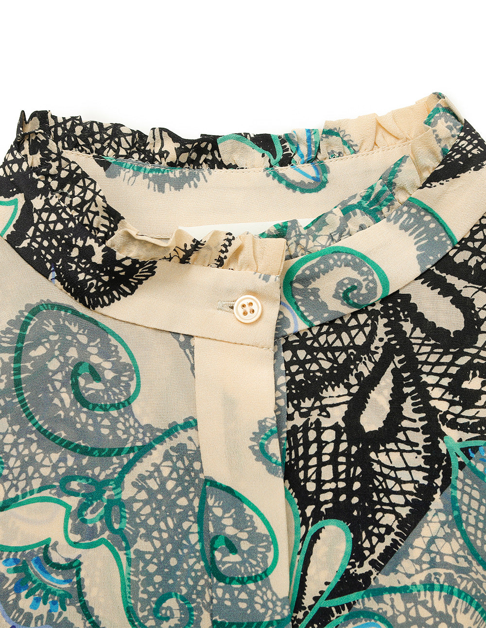 BORA AKSU Ruffled Stand Collar Puff Long Sleeve Floral Lace Printed Blouse