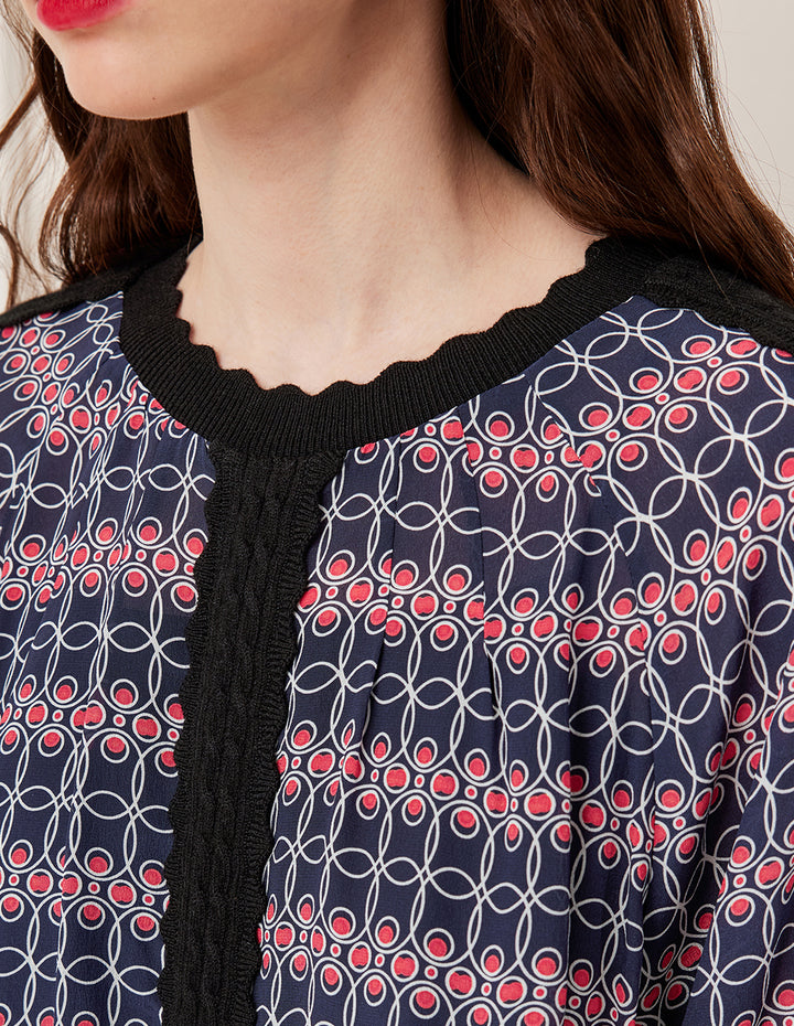 BORA AKSU Ruffled Round Neck Red White Geometric Print Knit Top