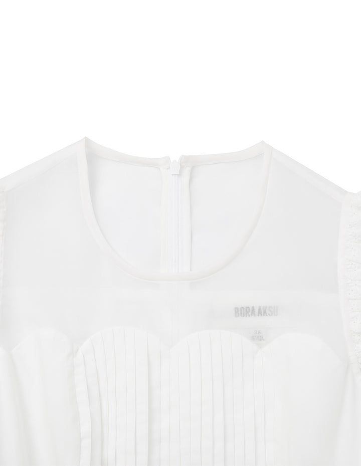 BORA AKSU Round Neck Sleeveless Sheer Pin Tuck Ruffle-Trim A-Line Apron Dress