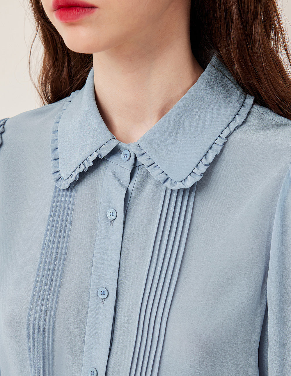 BORA AKSU Ruffle Lapel Collar Long Sleeve Pin-Tuck Silk Blouse