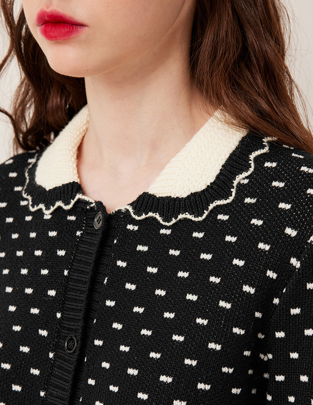 BORA AKSU Peter Pan Collar Long Sleeve White Polka Dot Wool Knit Cardigan