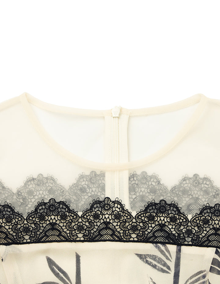 BORA AKSU Round Neck Short Sleeve Lace Sheer Floral Print Midi Dress