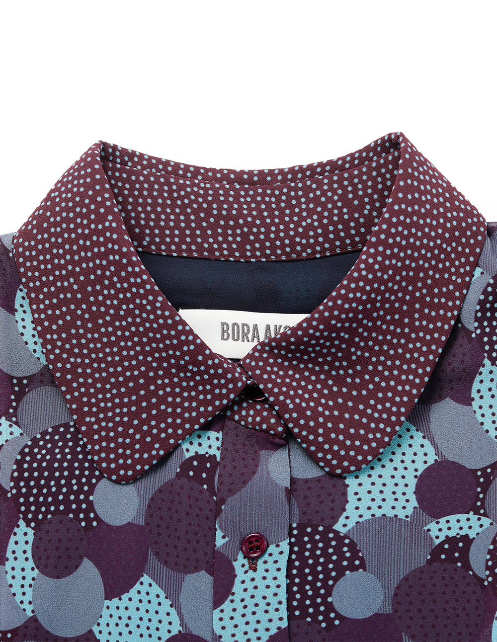 BORA AKSU Lapel Ruffle Trim Polka Dots Puff Short Sleeve Pleated Midi Shirt Dress