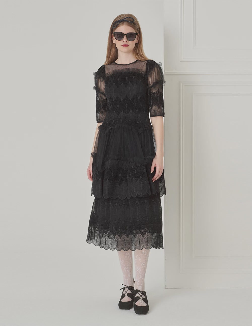 BORA AKSU Tulle-Panelled Lace Pleated Dress