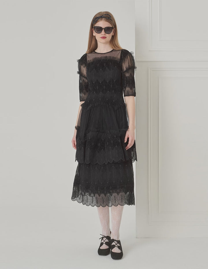 BORA AKSU Tulle-Panelled Lace Pleated Dress