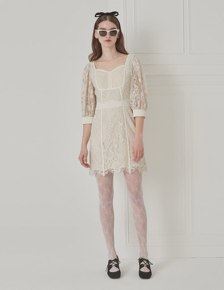 BORA AKSU French Vintage Puff Sleeve Diamond Collar Lace Dress