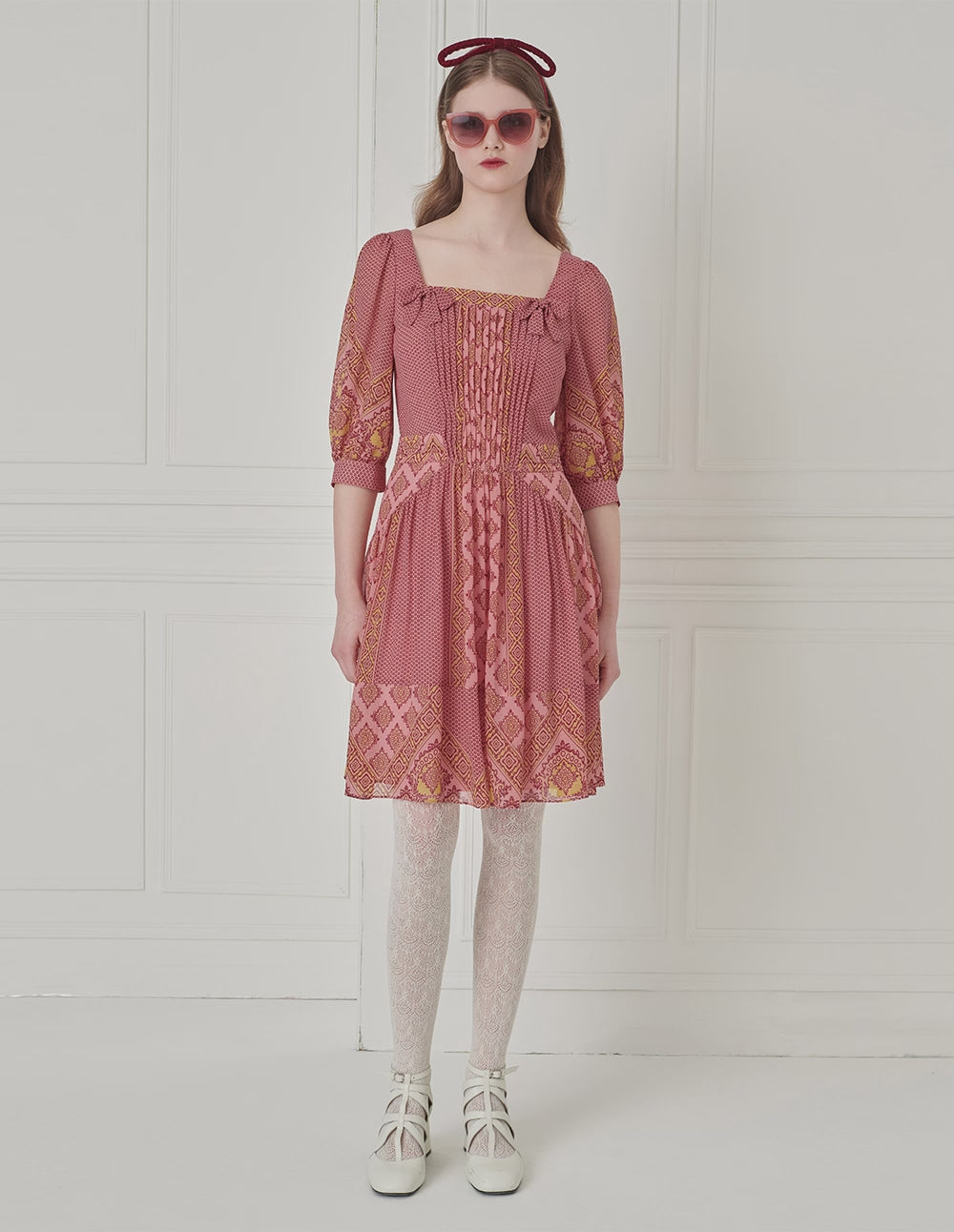 BORA AKSU Vintage Square Neck Bow Embellished Pleated Hem Printed Dress