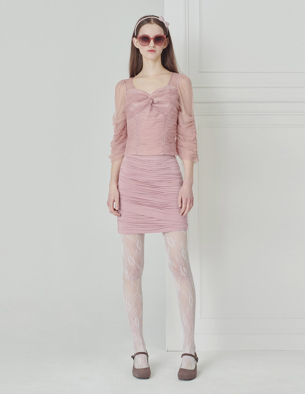 BORA AKSU Ballet Style Twisted Mesh Pleated Hem Short Top