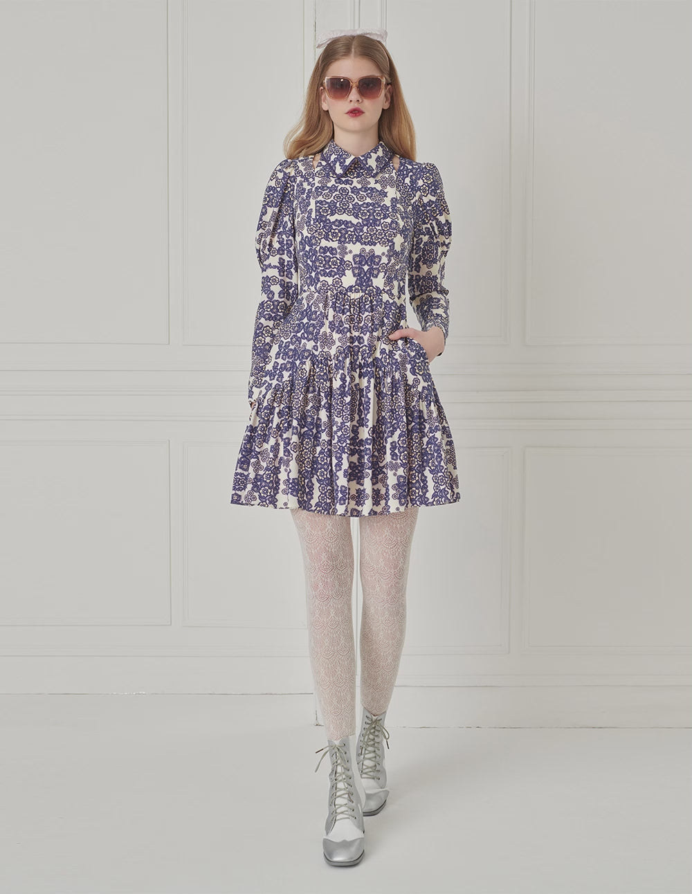 BORA AKSU Peter Pan Collar Printed Pleated Dress