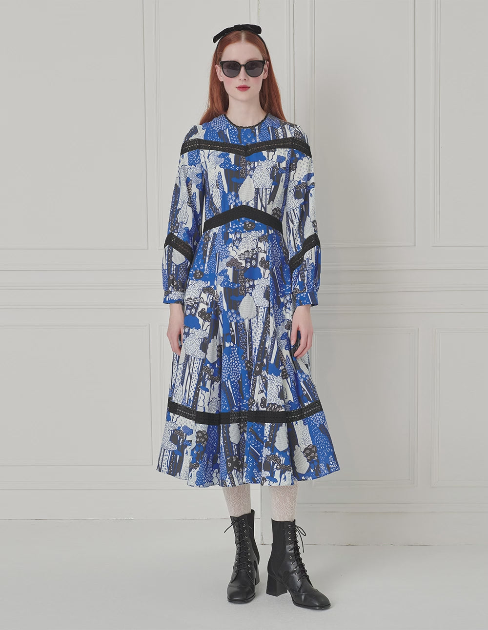 BORA AKSU Ruffle Crew-Neck Printed Long-Sleeve Pleated Midi Dress