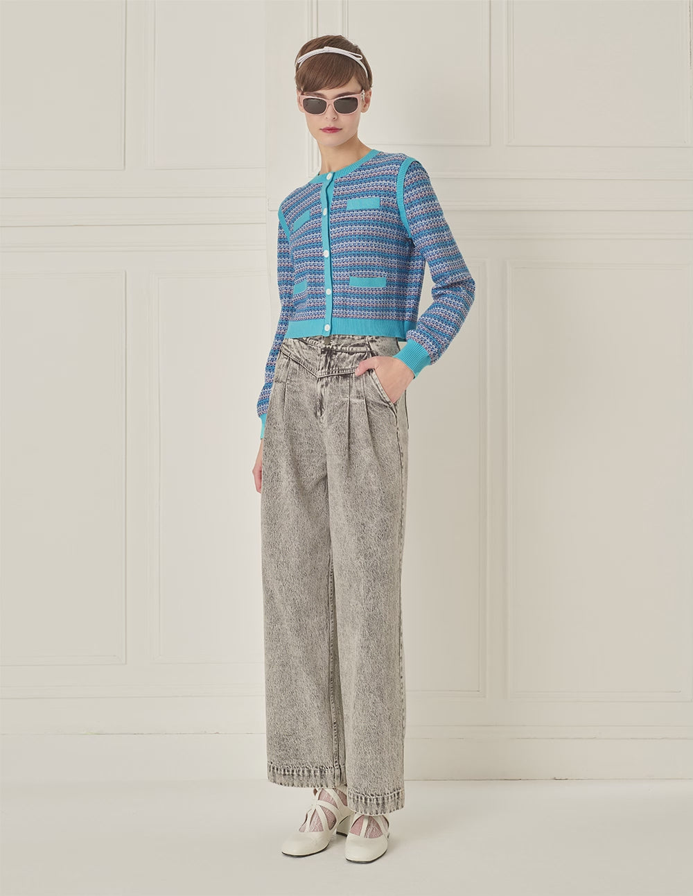 BORA AKSU Linear Mixed Jacquard Contrasting Crew Neck Knitted Cardigan