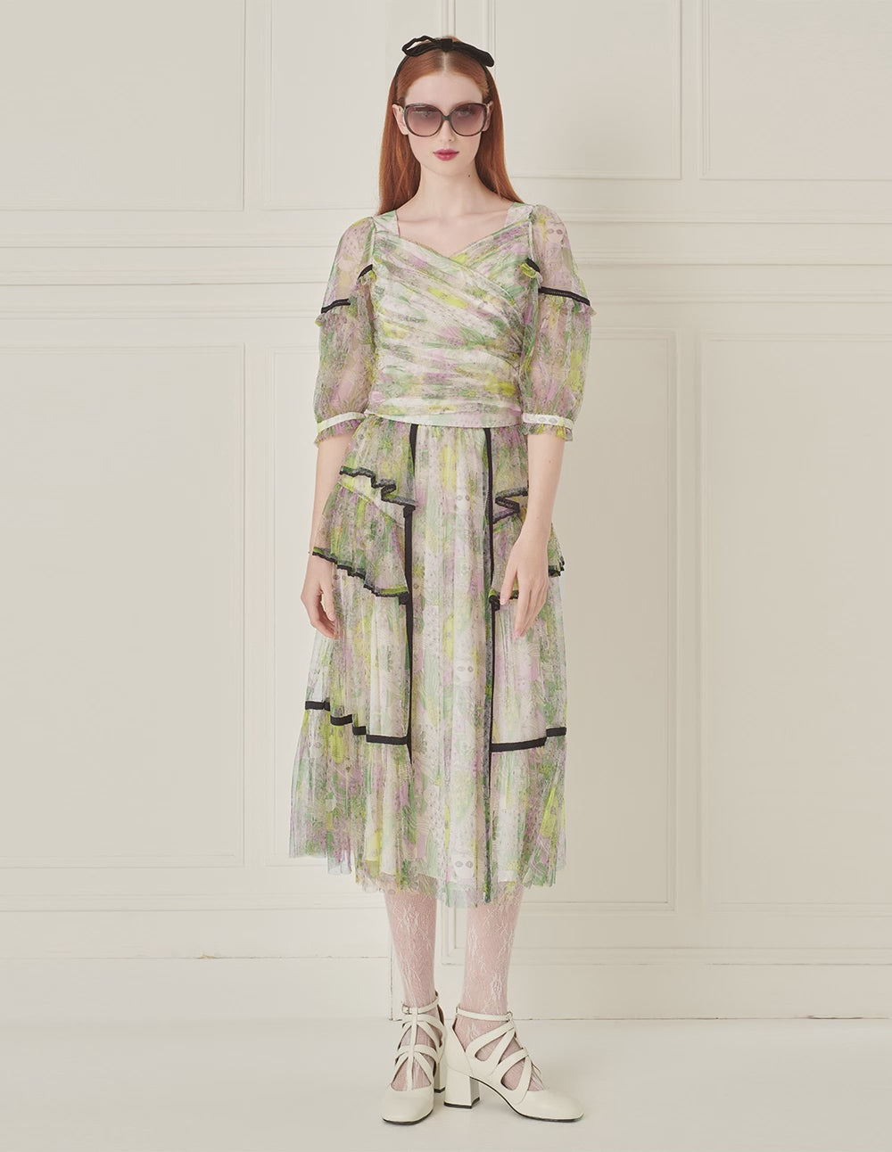 BORA AKSU Puff Sleeve Crossover Collar Printed Mesh Top