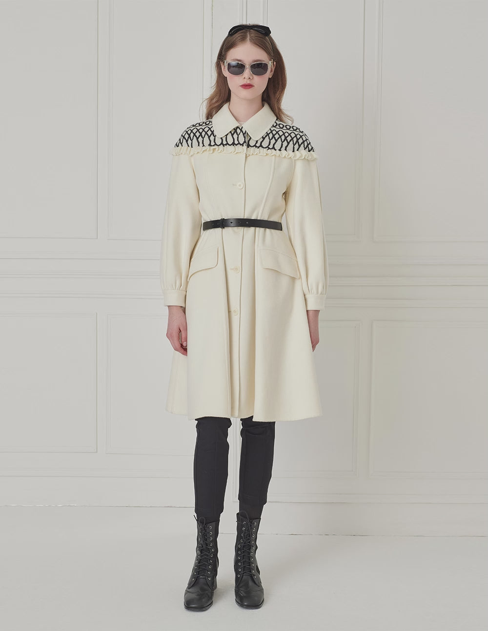 BORA AKSU Shirt-Collar Geometric Knitted Patchwork Fitted Umbrella Hem Coat