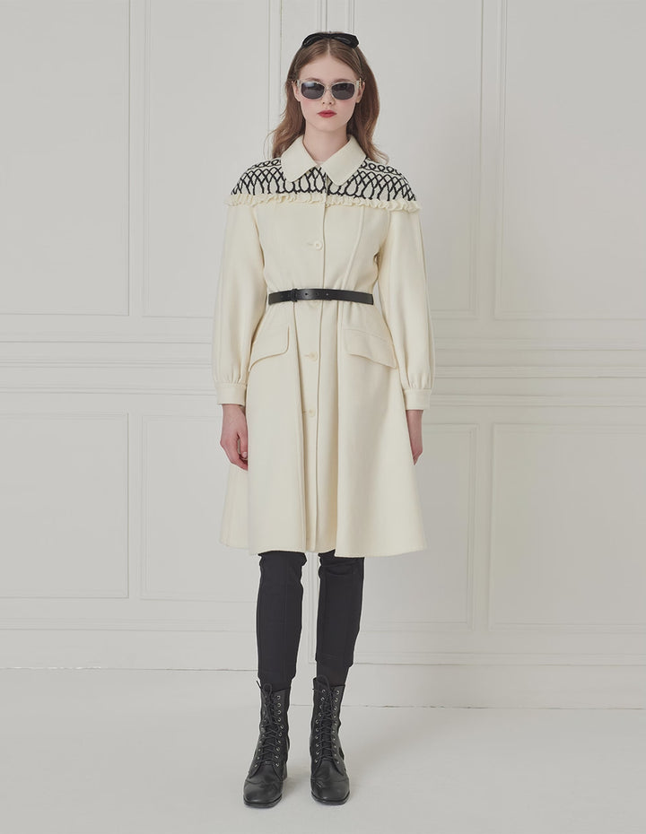 BORA AKSU Shirt-Collar Geometric Knitted Patchwork Fitted Umbrella Hem Coat
