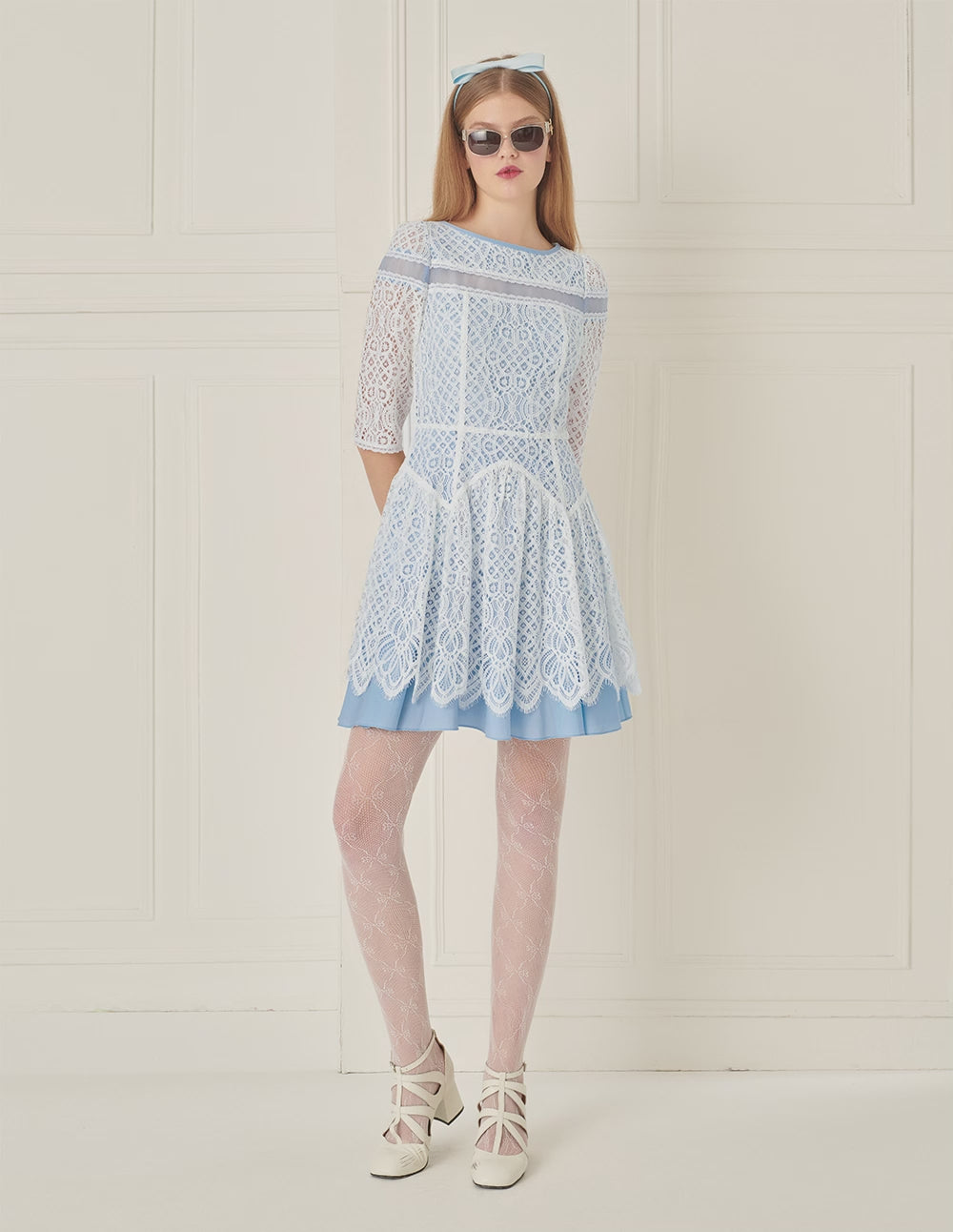 BORA AKSU Romantic Blue And White Lace Patchwork Wavy Dress
