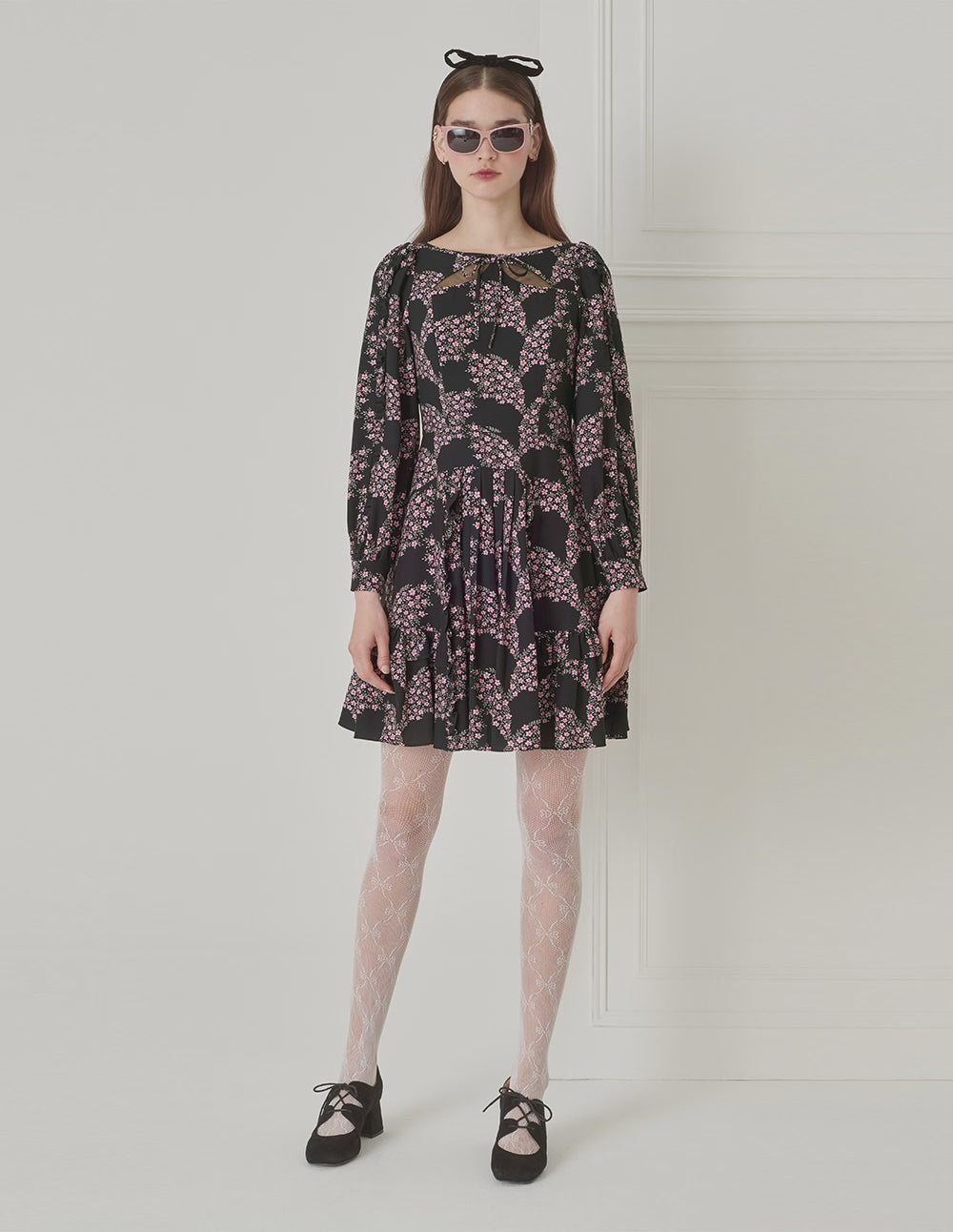 BORA AKSU Puff-Sleeved Bateau Neckline Ruffled Floral Dress