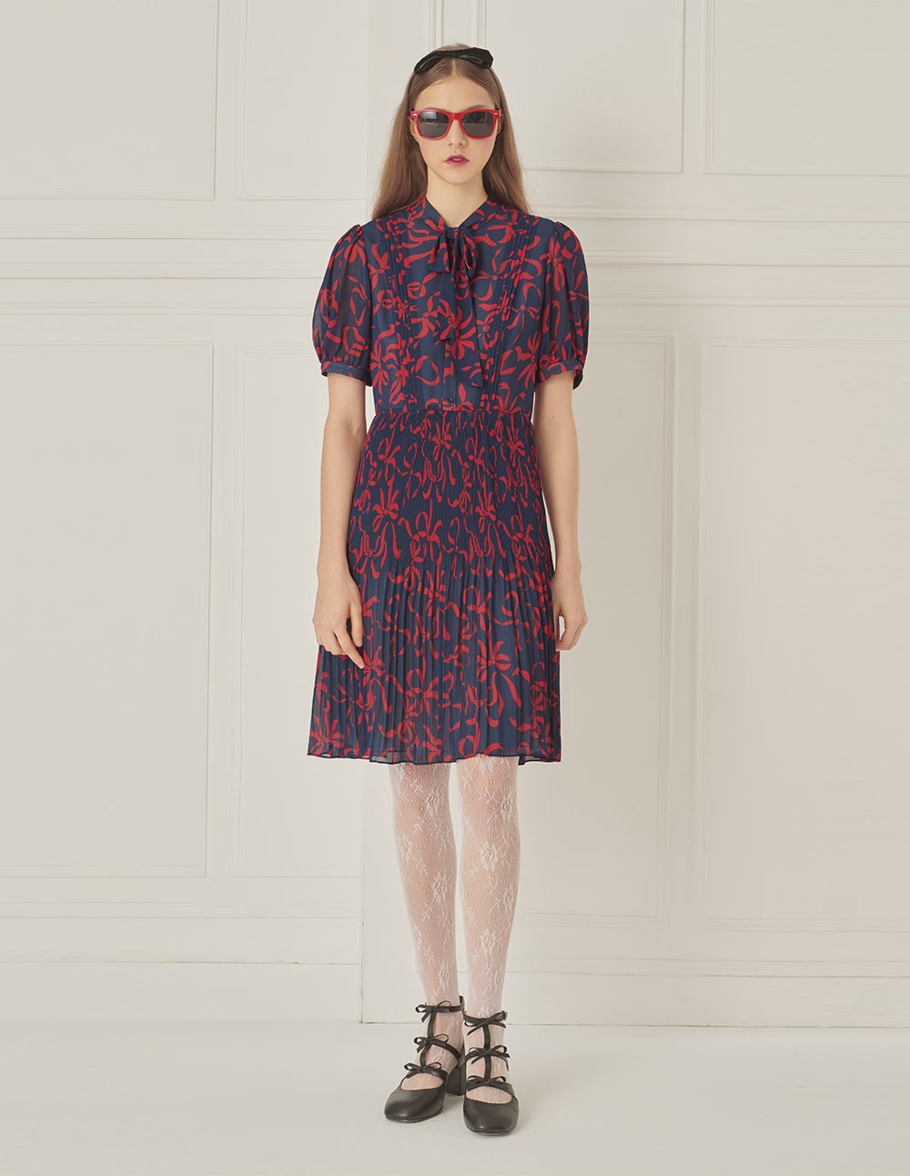 BORA AKSU French Float Neck Pleated Print Dress