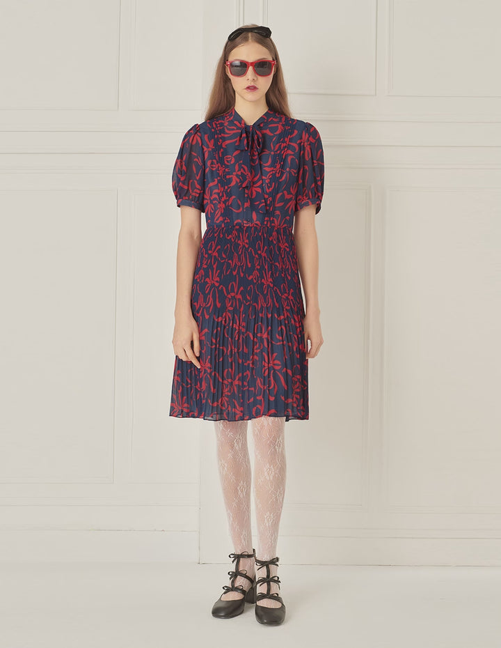 BORA AKSU French Float Neck Pleated Print Dress