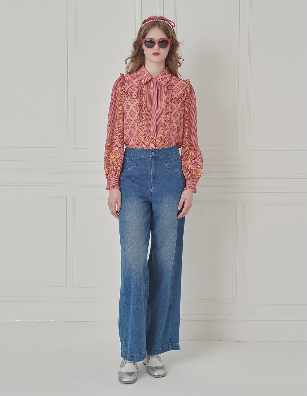 BORA AKSU Bohemian-Printed Blouse With Ruffle Details In Vibrant Pink & Yellow