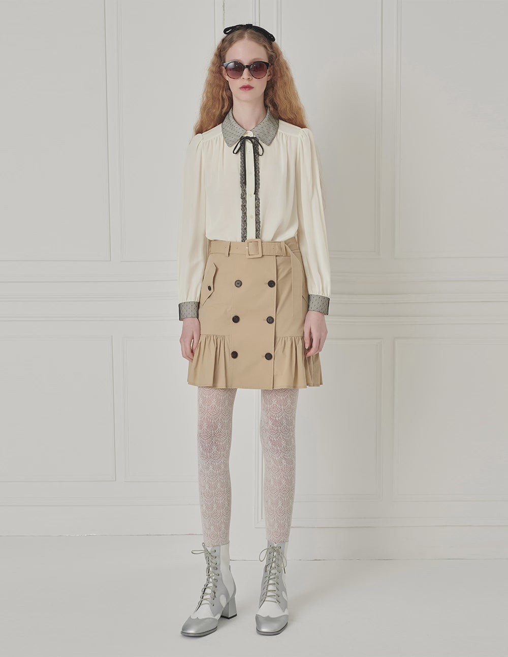 BORA AKSU Silk Mulberry Puff Sleeves Sweet Temperament Color Block Collar Blouse